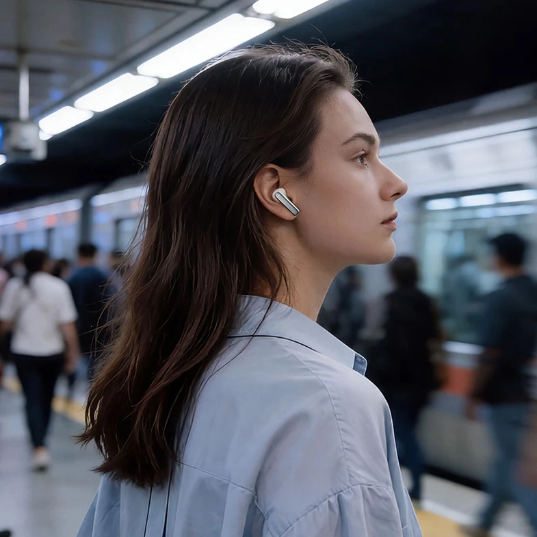 Mujer con los HAYLOU Flowbuds N50 en el metro