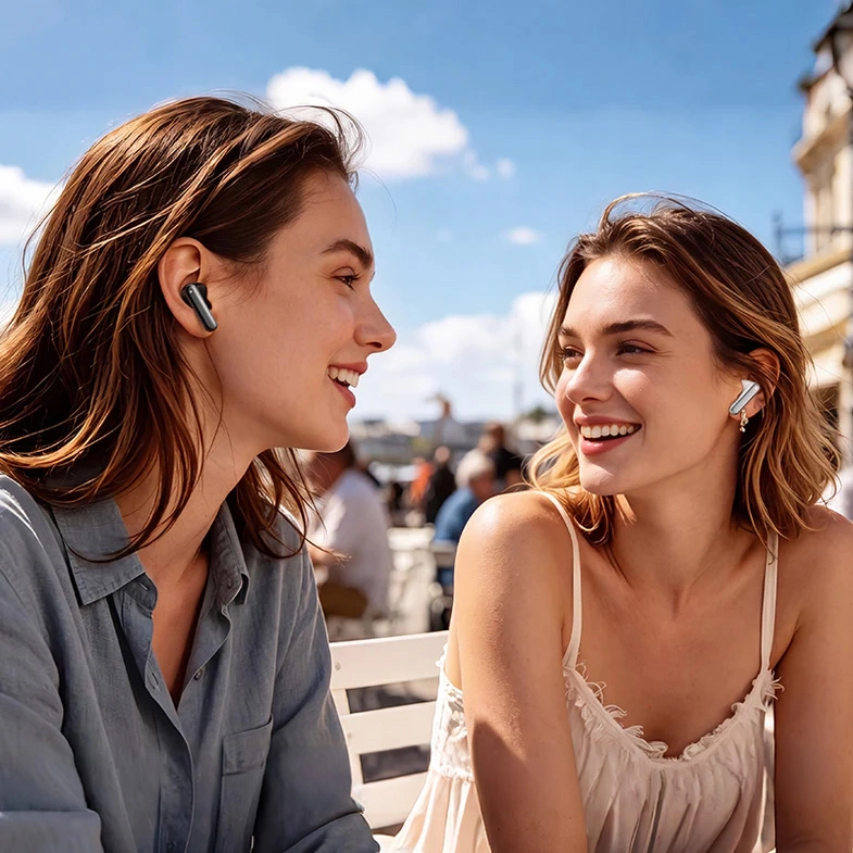 Mujeres hablando con los auriculares HAYLOU Flowbuds N50