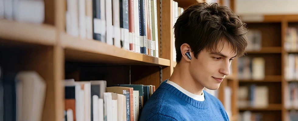 Hombre estudiando con auriculares HAYLOU Flowbuds N55