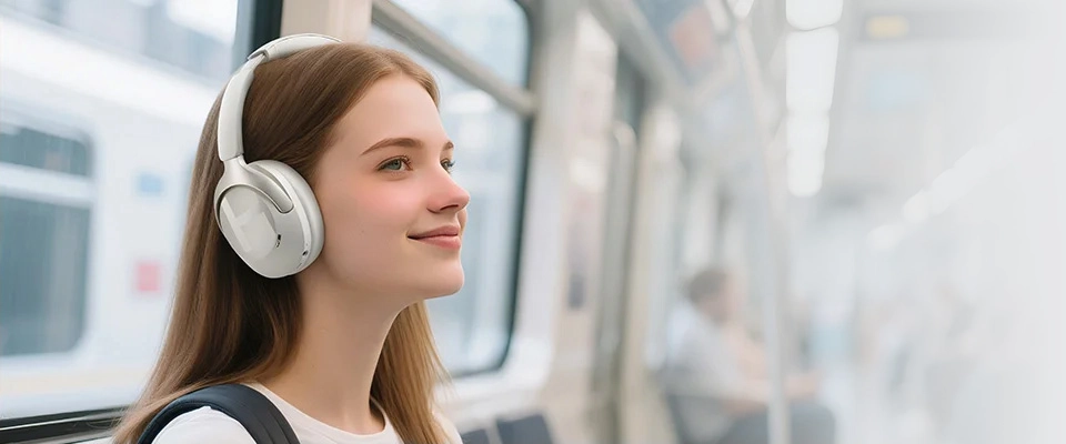 Mujer con auriculares Haylou S40 en el metro