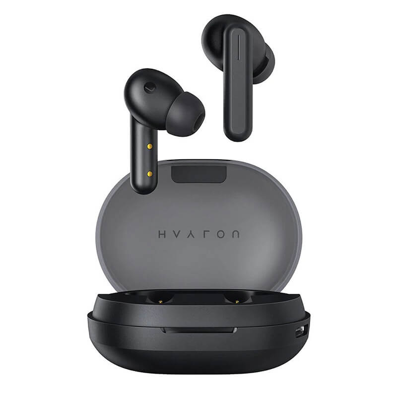 Haylou GT7 black earbuds with a charging case