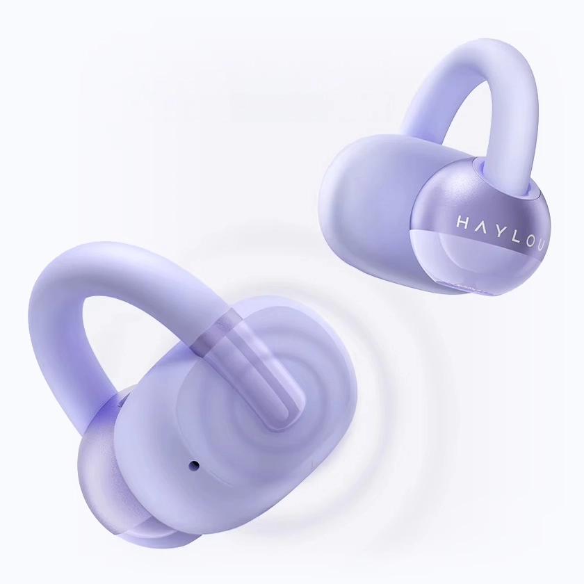 Two purple Haylou Airfree earphones