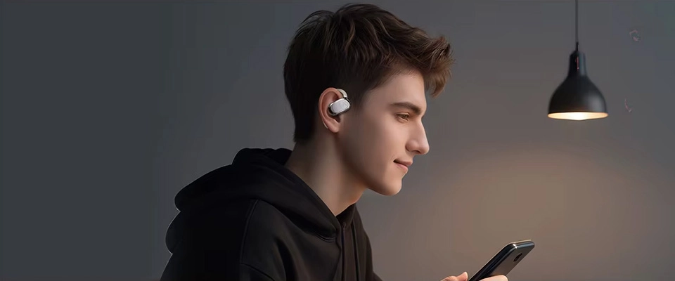 Reading man listening to music with Haylou Earhook 1 earphones
