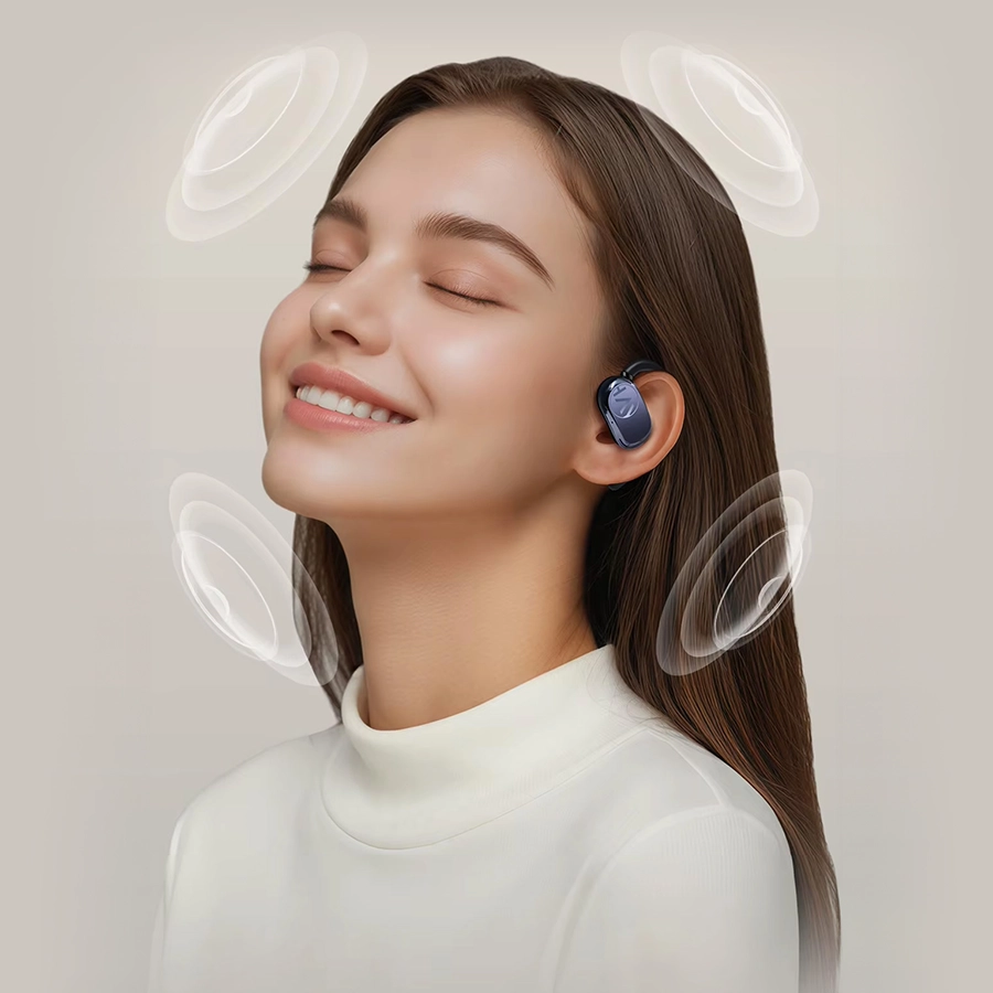 Woman listening to music with Haylou Earhook 1 earphones