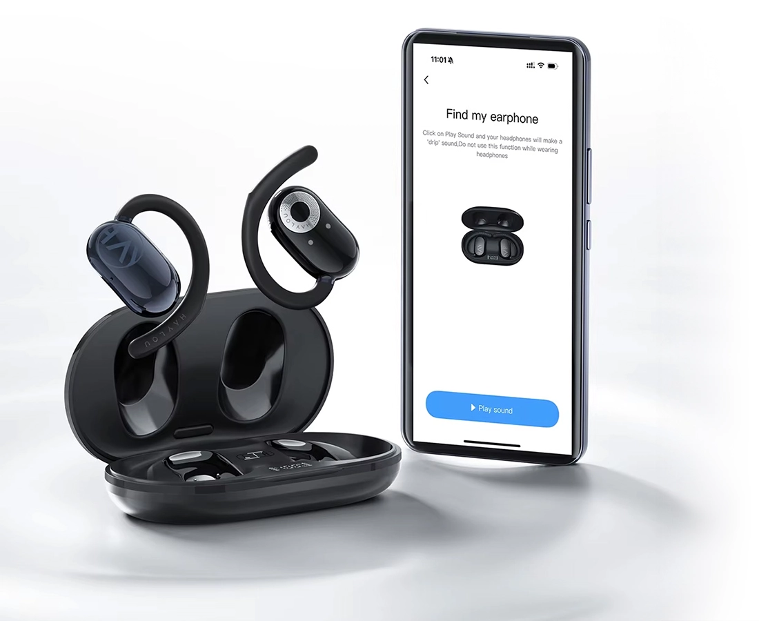 HAYLOU Earhook 1 next to charging case and smartphone