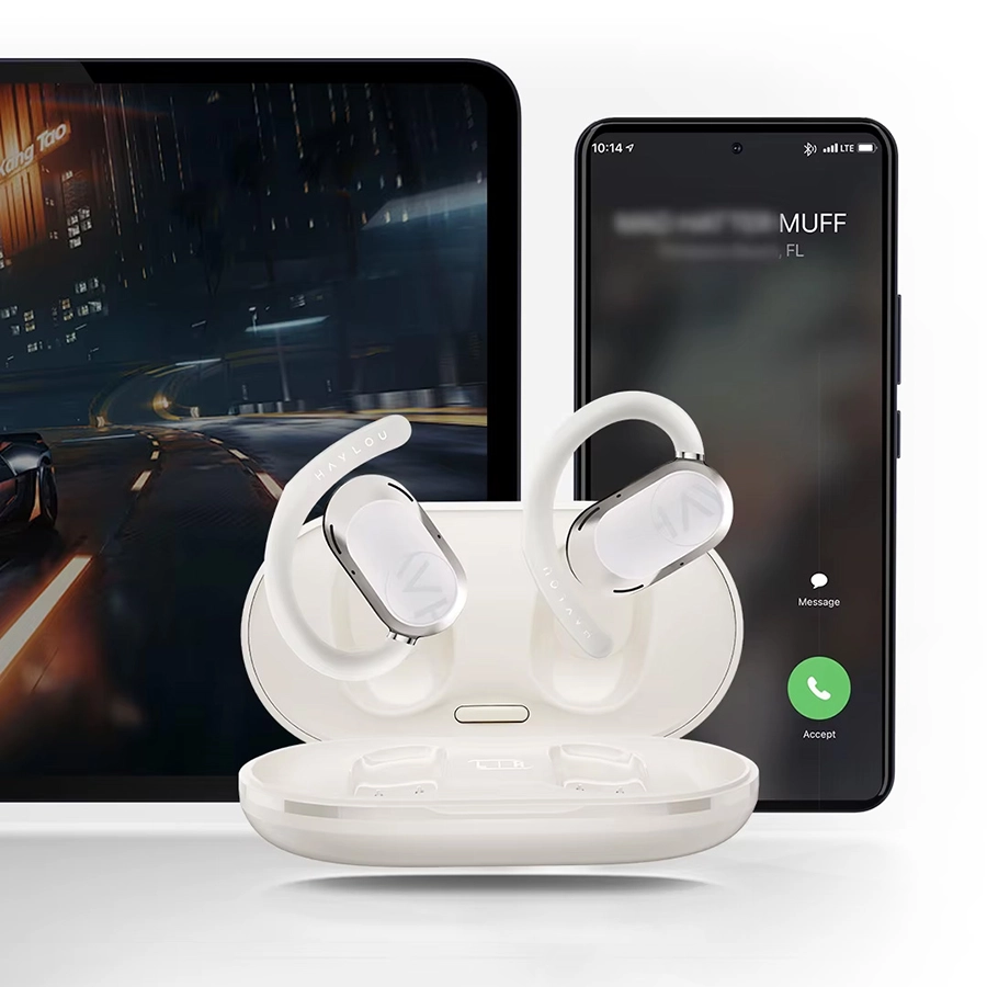 White HAYLOU Earhook 1 next to smartphone