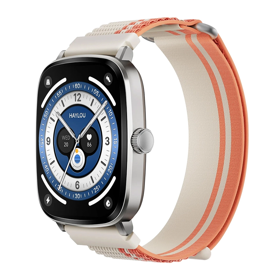 Haylou RS5 with orange braided strap crown side view