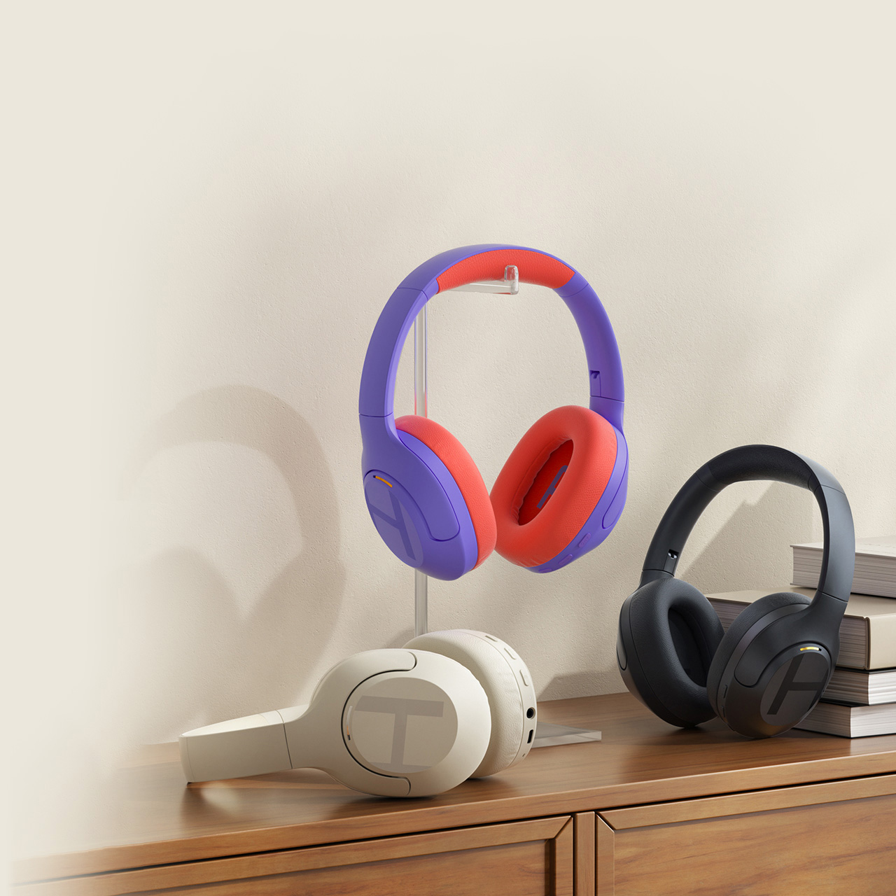 Violet Haylou S35 ANC headphones on a holder