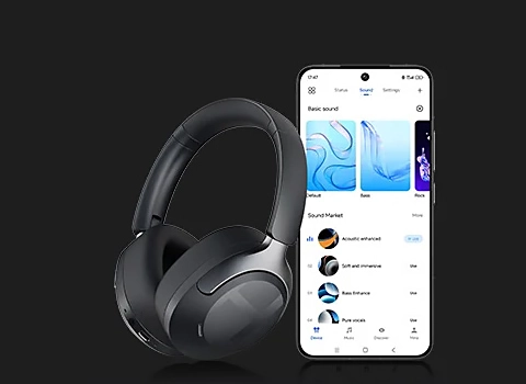 Haylou S40 headphones next to smartphone with sound customization app