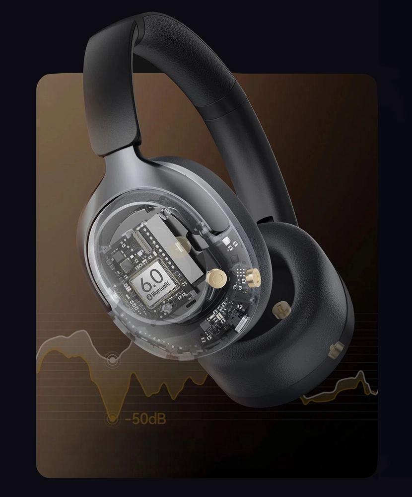 Haylou S40 headphones with visible Bluetooth 6.0 chip and noise reduction graph