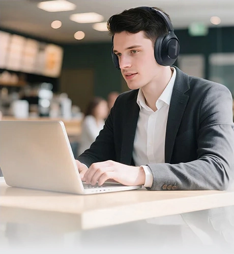 Man working on a laptop while wearing Haylou S40 headphones in a café