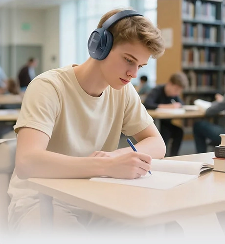 Student wearing Haylou S40 headphones while studying in a library