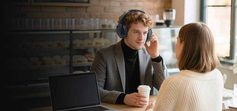 Man touching Haylou S40 headphones while speaking with a friend