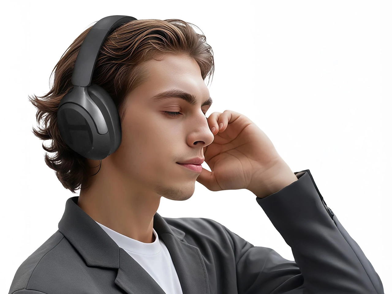 Man wearing Haylou S40 headphones with eyes closed and touching earcup
