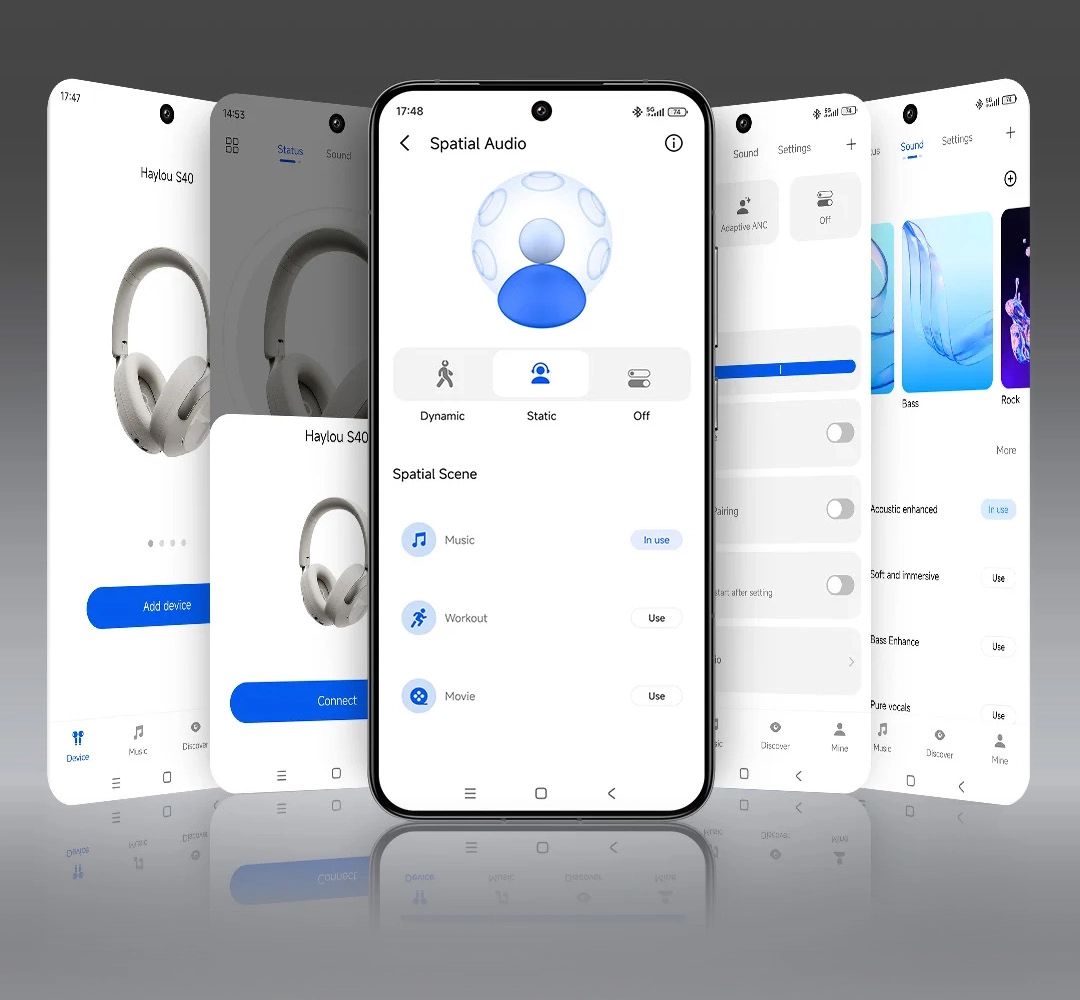 Haylou S40 app interface showing spatial audio and sound settings