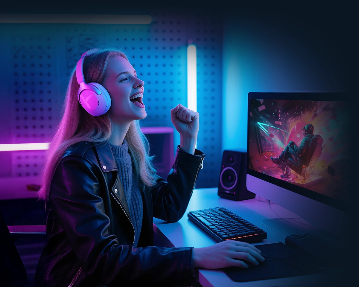 Woman gaming on PC while wearing Haylou S40 headphones with excitement