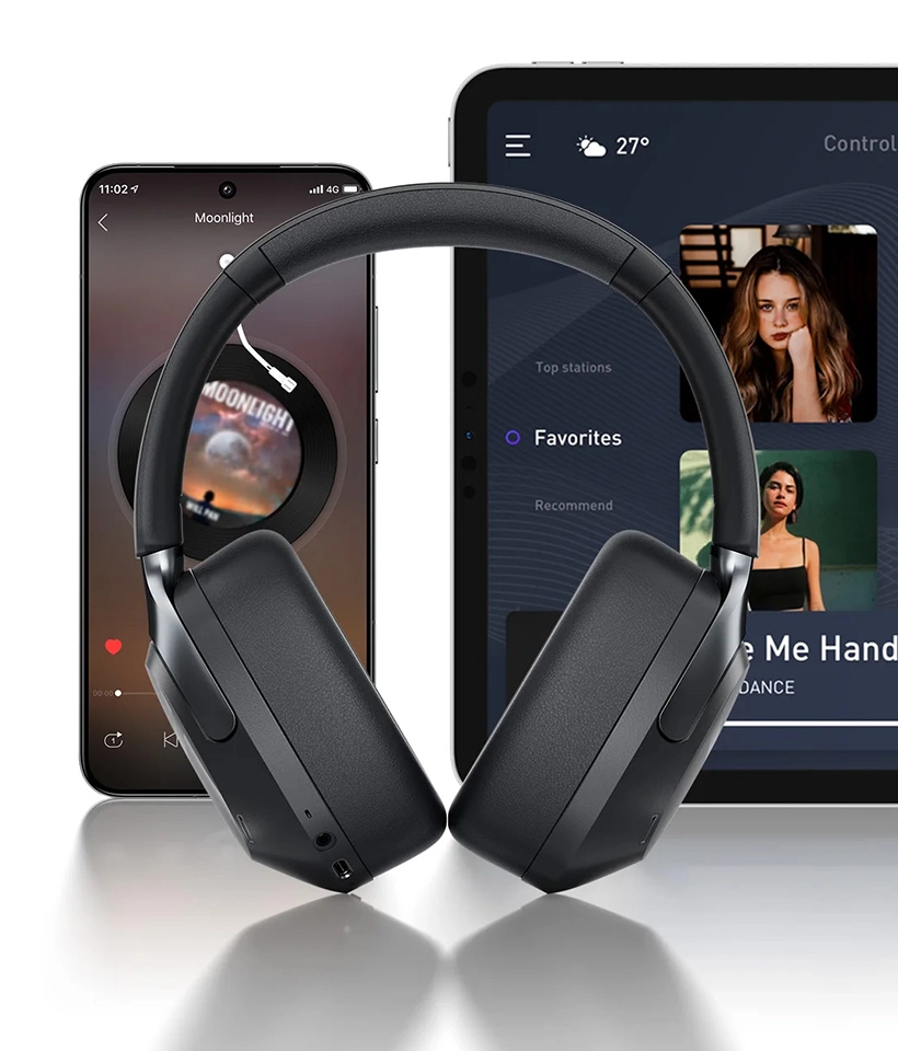 Haylou S40 headphones paired with smartphone and tablet for music streaming