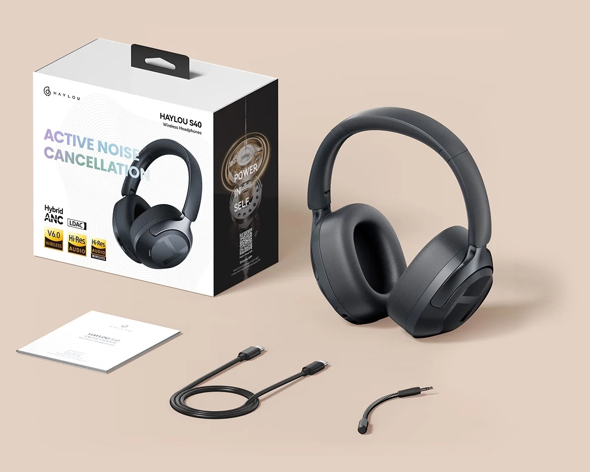 Haylou S40 headphones with retail box and included accessories
