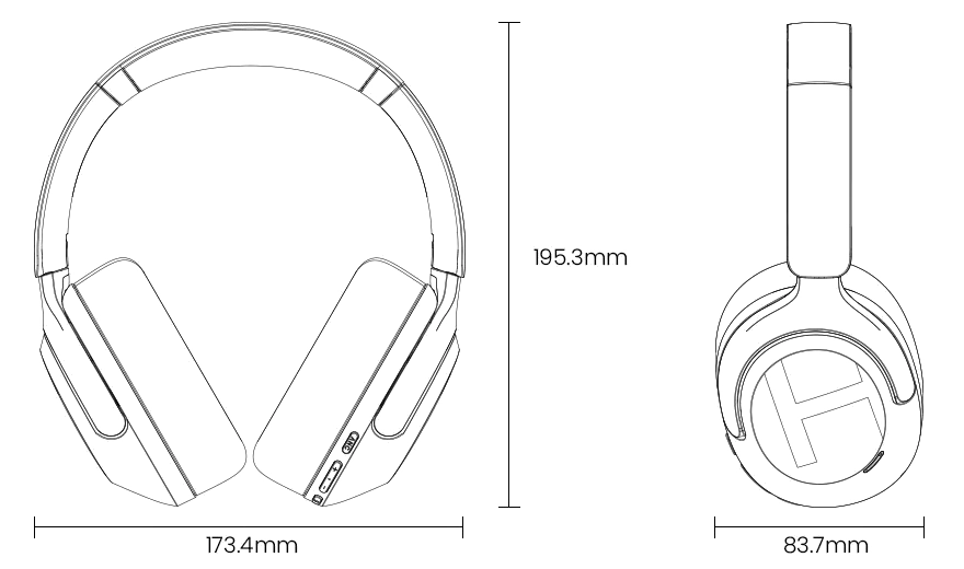 Haylou S40 headphones technical drawing with dimensions