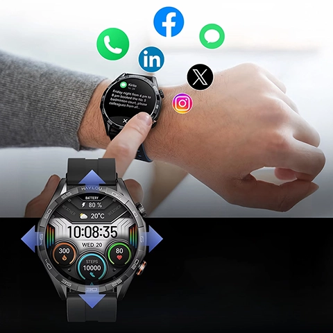 Haylou Solar 5 on the wrist with icons on the background