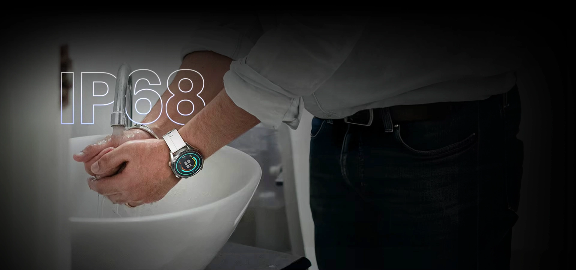 Haylou Solar 5 on the wrist of a person washing his hands