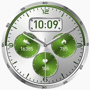 Silver analog watch face with health stats