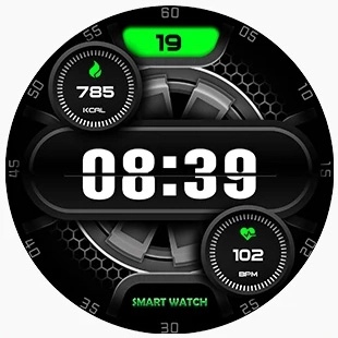 Futuristic digital watch face with green highlights