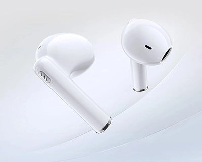 Two white Haylou X1 Plus earbuds without case