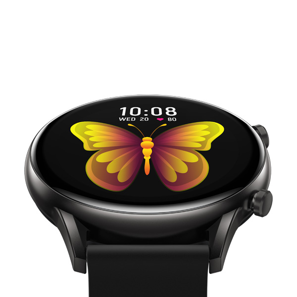 Butterfly on the screen of Haylou RT2 smart watch on a white background