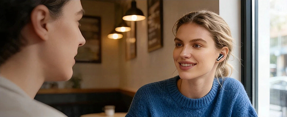 Mulher falando com fones de ouvido HAYLOU Flowbuds N55