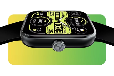 HAYLOU Watch 4 preto sobre fundo verde-amarelo