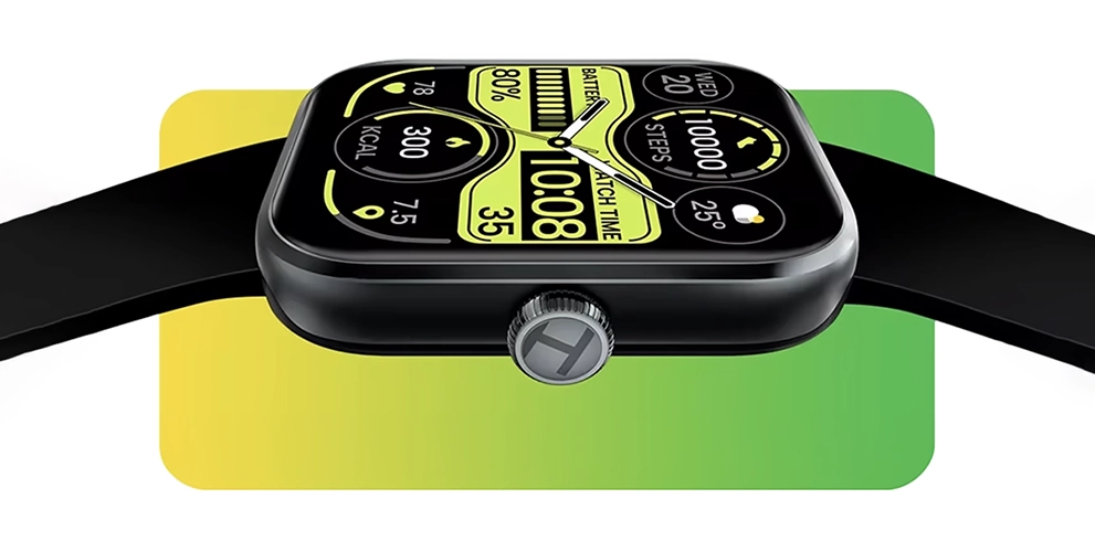 HAYLOU Watch 4 preto sobre fundo verde-amarelo