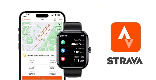 HAYLOU Watch 4 com smartphone e ícone Strava