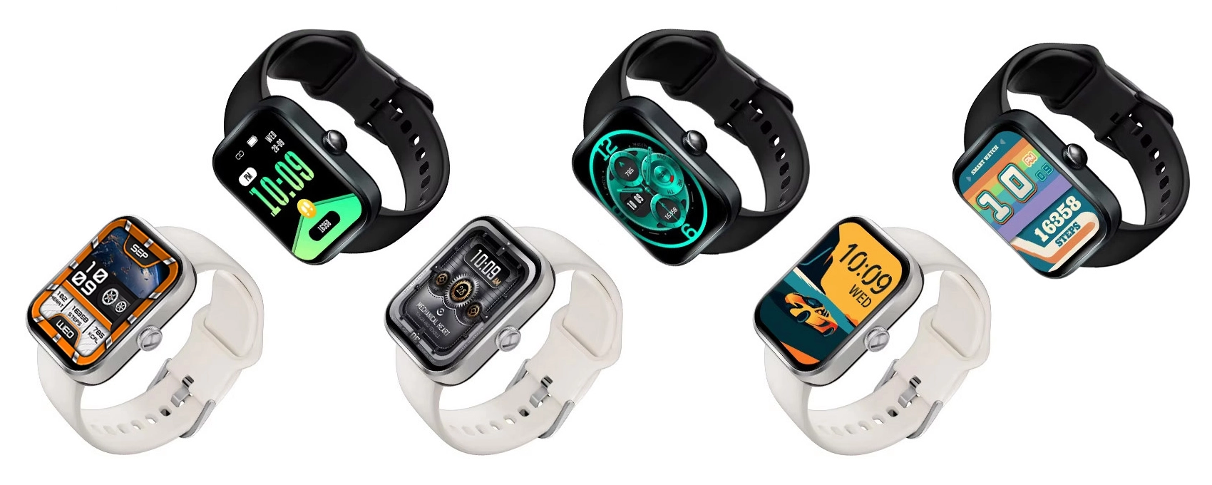 Seis HAYLOU Watch 4 com diferentes mostradores de relógio
